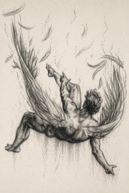 Charcoal-style Icarus falling, rendered from binary zeros and ones on cream paper